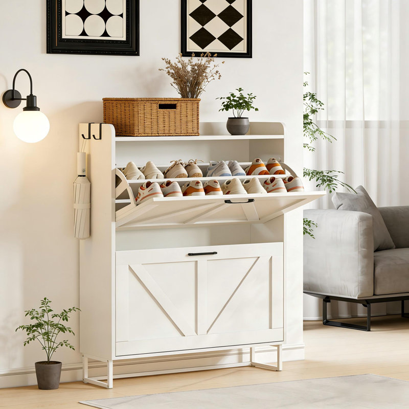 Modern Slim Flip-Top Shoe Cabinet, 9" Narrow Design, Adjustable Storage for 20-24 Pairs, White