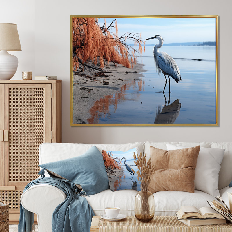 Heron Morning Stroll, reproduction d'art sur toile, H 16 po x l 32 po x P 1 po, Cadre flottant doré