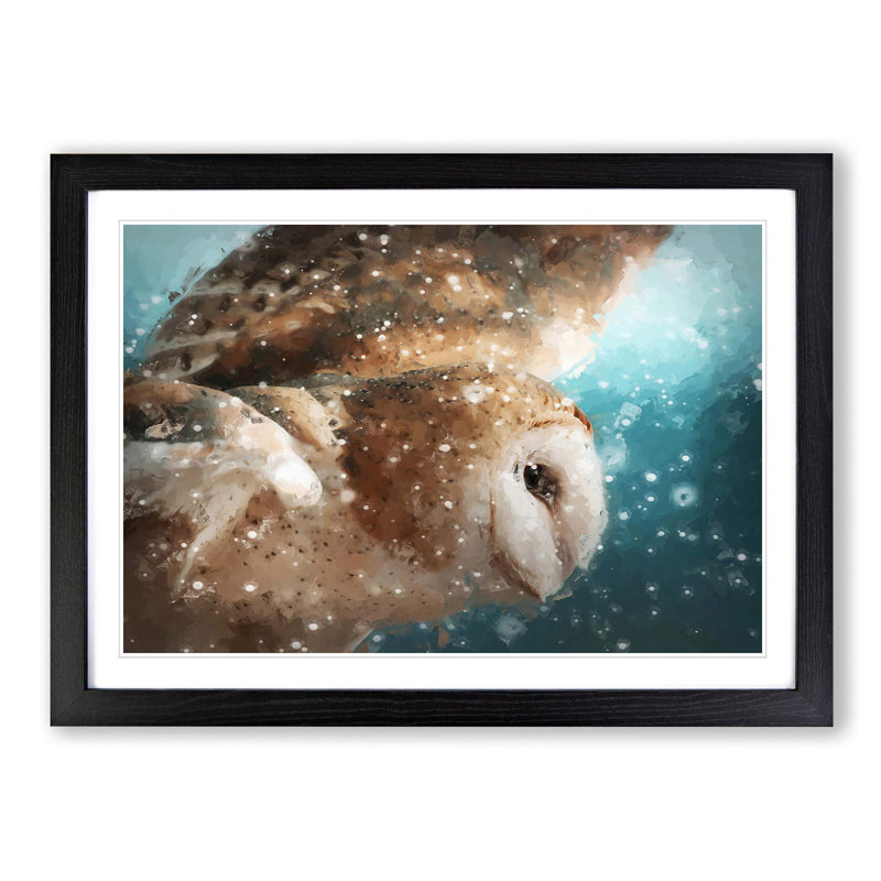 Barn Owl in the Snow in Abstract - Picture Frame Painting Print on MDF, 36cm H x 48cm W x 2cm D, Black Framed