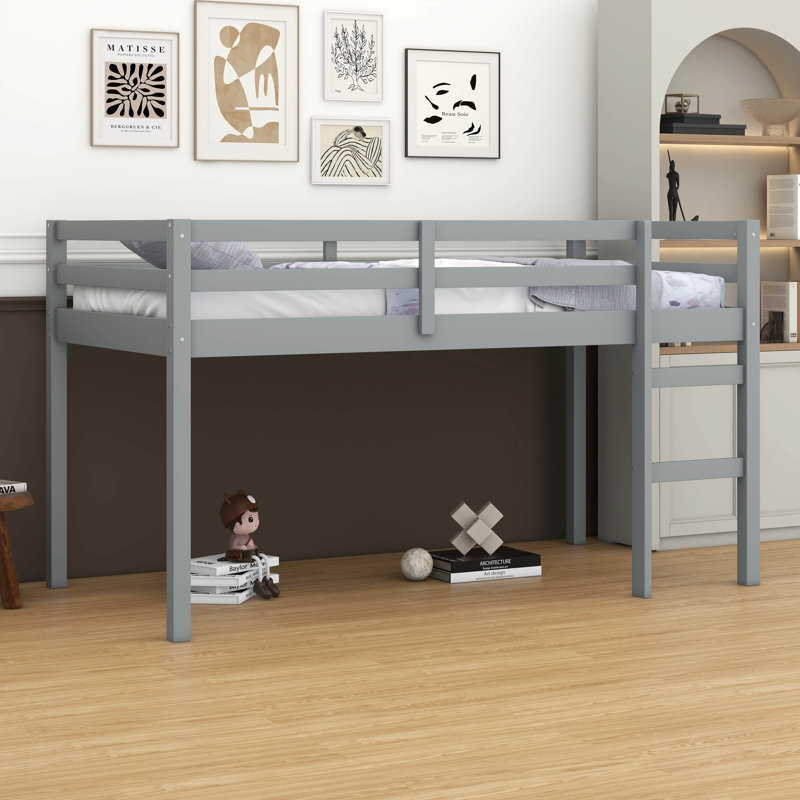 Lit mezzanine simple en bois d'hévéa massif - échelle et plateforme à lattes renforcées, Grey