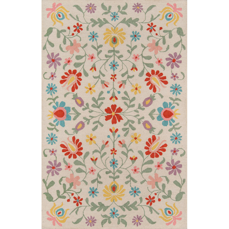 Kambree Hand Tufted Wool Floral Indoor Rug, Rectangle 5' x 8'