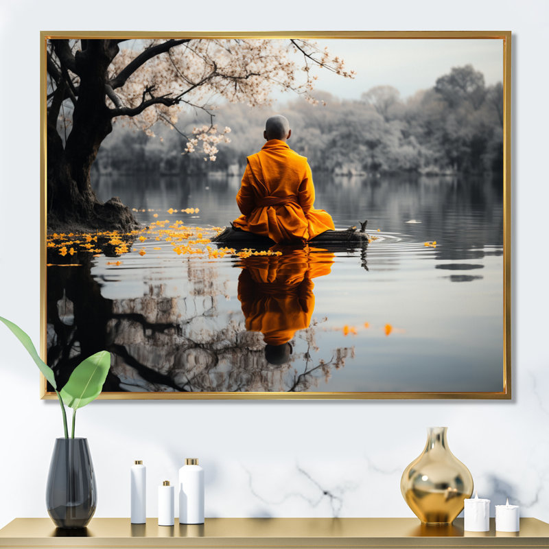 Moine thaïlandais à réflexion silencieuse, Cadre flottant doré, H 16 po x l 32 po x P 1 po