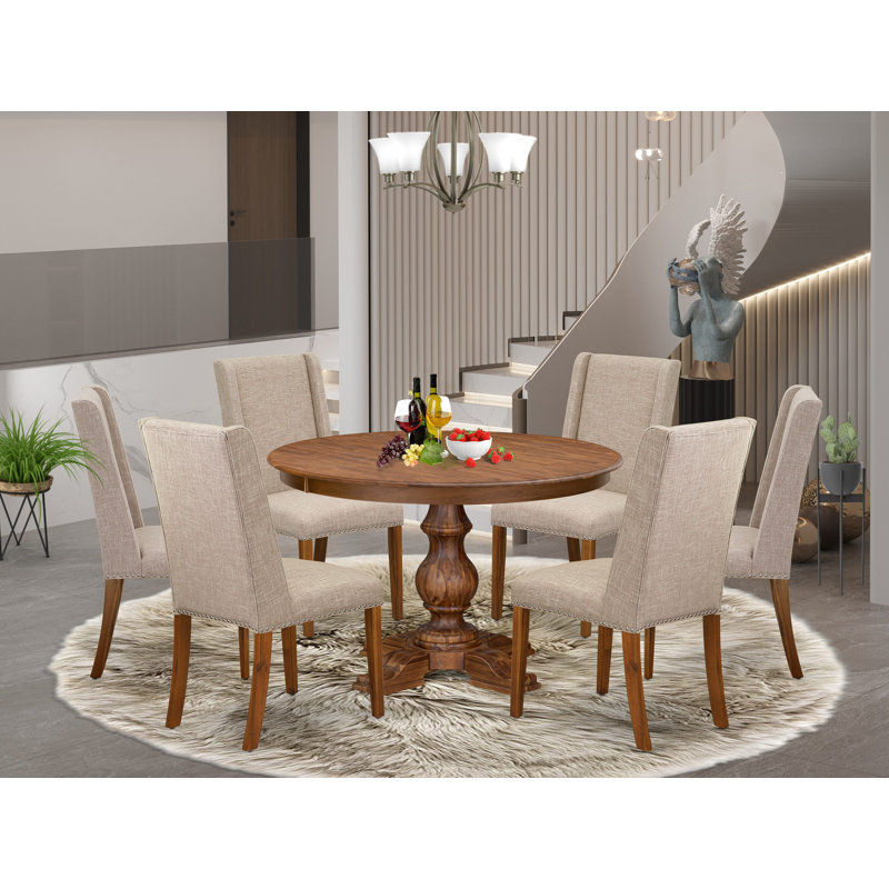 Ensemble de table de salle à manger moderne 7 pièces comprenant une table et 6 chaises en tissu de lin brun clair avec dossier rembourré noyer antique