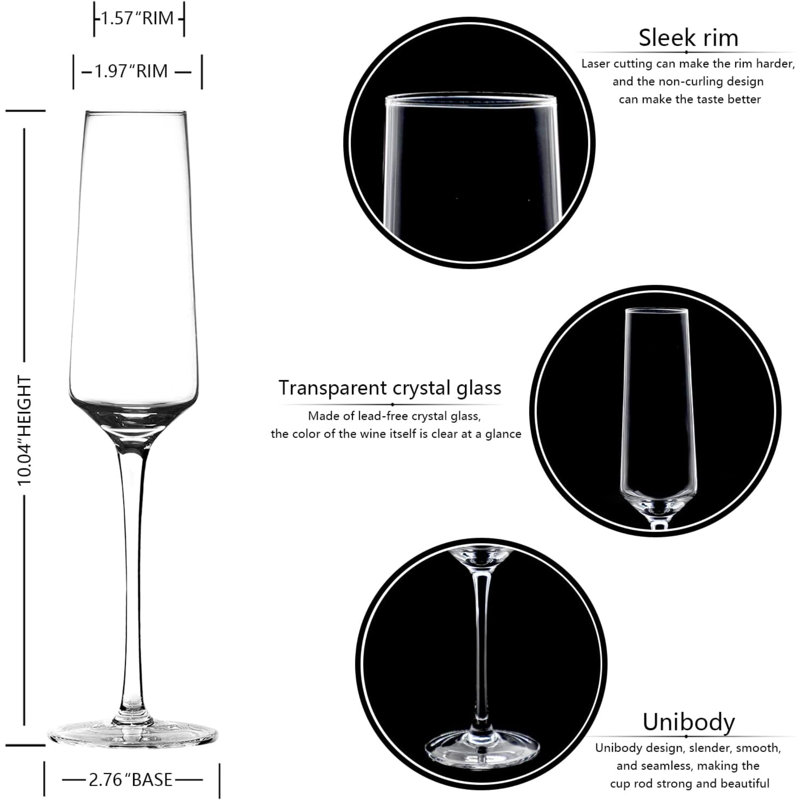 Flûtes à champagne - Ensemble de 6 verres à champagne soufflés à la main - Cadeau unique pour la Saint-Valentin, anniversaire, mariage - Idéal pour la dégustation de vin, utilisation quotidienne - 7,5 oz, transparent