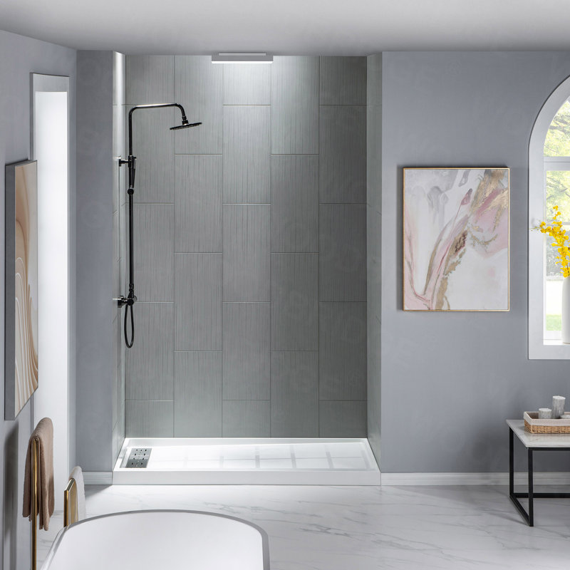 Matte Gray Solid Surface Alcove Shower Wall Panels, 96" H x 60" W