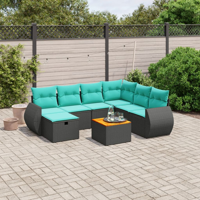  Ensemble de canapé de patio 8 pièces avec coussins en rotin de polyester noir, Bleu clair, Noir