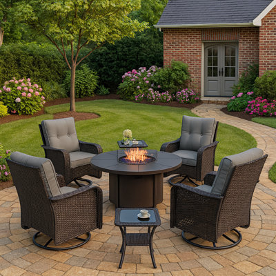 4 Person Outdoor Rocking Swivel Chair Set With Removable Cushions ,Coffee Table And Round Outdoor Fire Pit Table 40,000 BTU