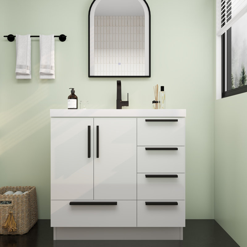 Meuble-lavabo autoportant avec tiroirs à droite Carla, Blanc brillant, 35"
