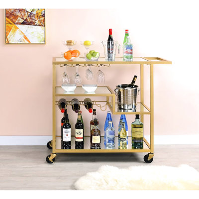 Chariot de service avec miroir et champagne avec rangement, tablettes supérieures de miroir de 5 mm, cadre en métal, porte-verres à vin, roulettes, 3 compartiments ouverts, poids de 70 lb, chariot de finition de 40 lb