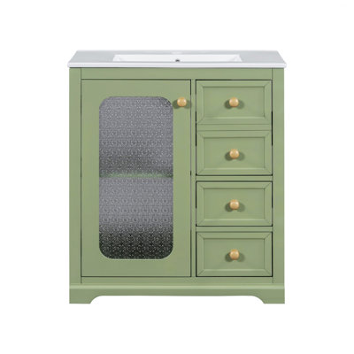 Meuble-lavabo de style moderne avec porte en verre à fermeture douce, tablettes réglables et trois tiroirs