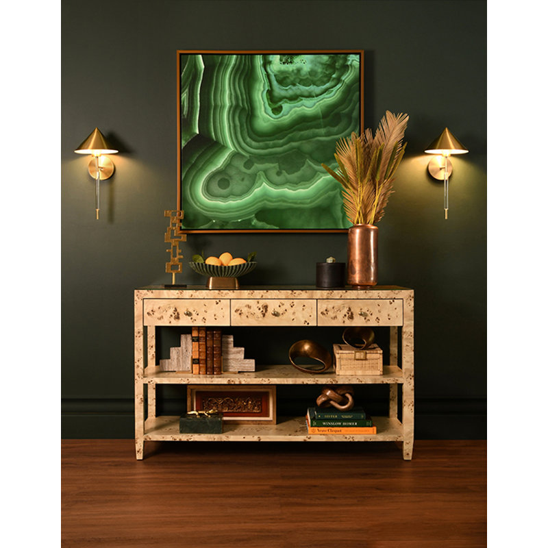 Three Drawer Console With Two Open Shelves In Natural Grasscloth With Polished Brass Knobs, Natural