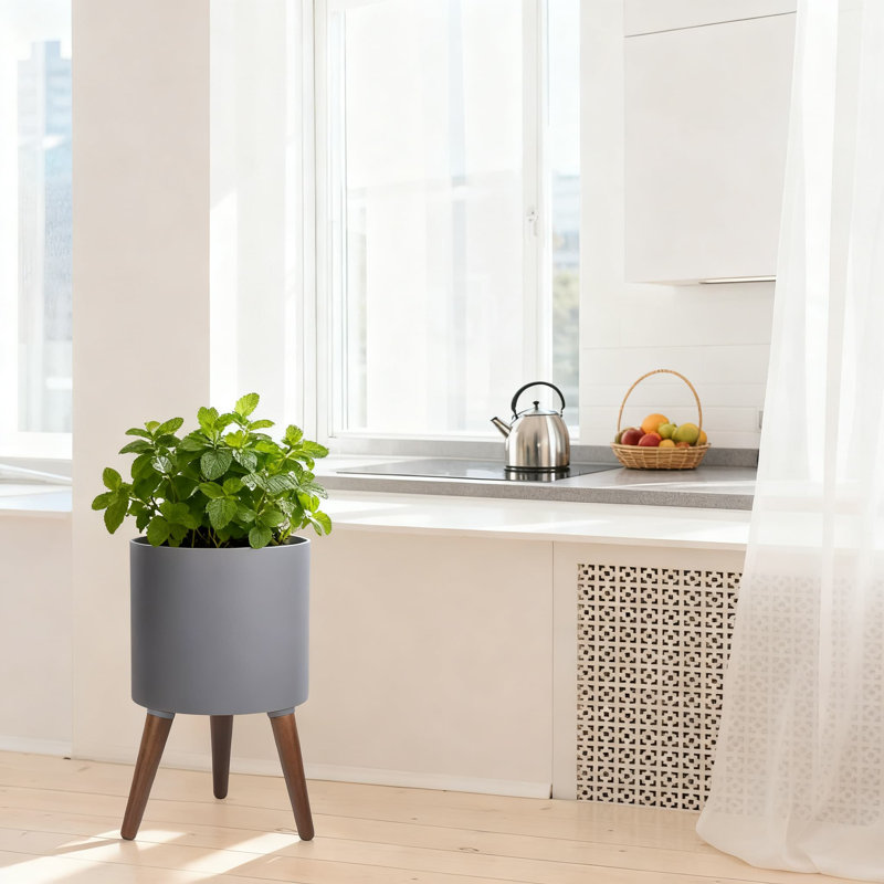Mid-Century Modern Plant Pot With Stand, 12 Inch Tall Indoor Planter With Wooden Legs And Drainage Hole, Handcrafted Fiberclay Design