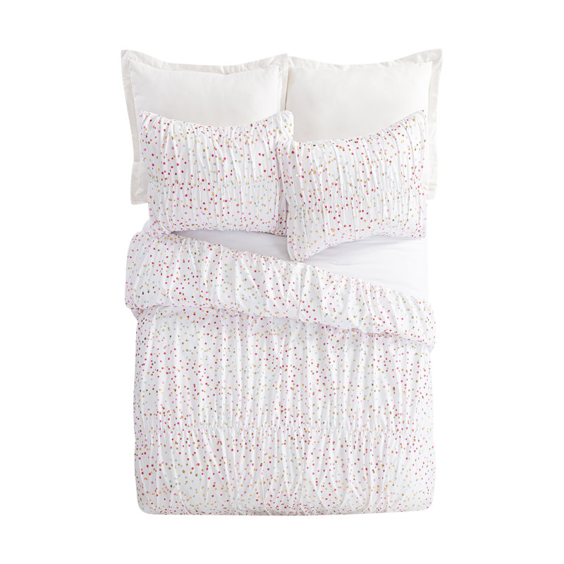 Iridescent Stars Ruched White Microfiber Comforter Set, Full/Queen Comforter + 2 Shams
