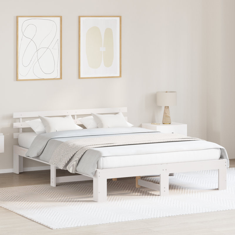 Bed Frame with Headboard Solid Pine Wood, European Double (140 x 200 cm), White