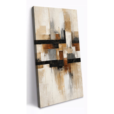 «Neutral Architectural Blocks», art abstrait sur toile, géométrie empilée beige, brun, gris et noir pour le bureau, décor vertical tendu avec châssis, prêt à accrocher, 12 x 24 po