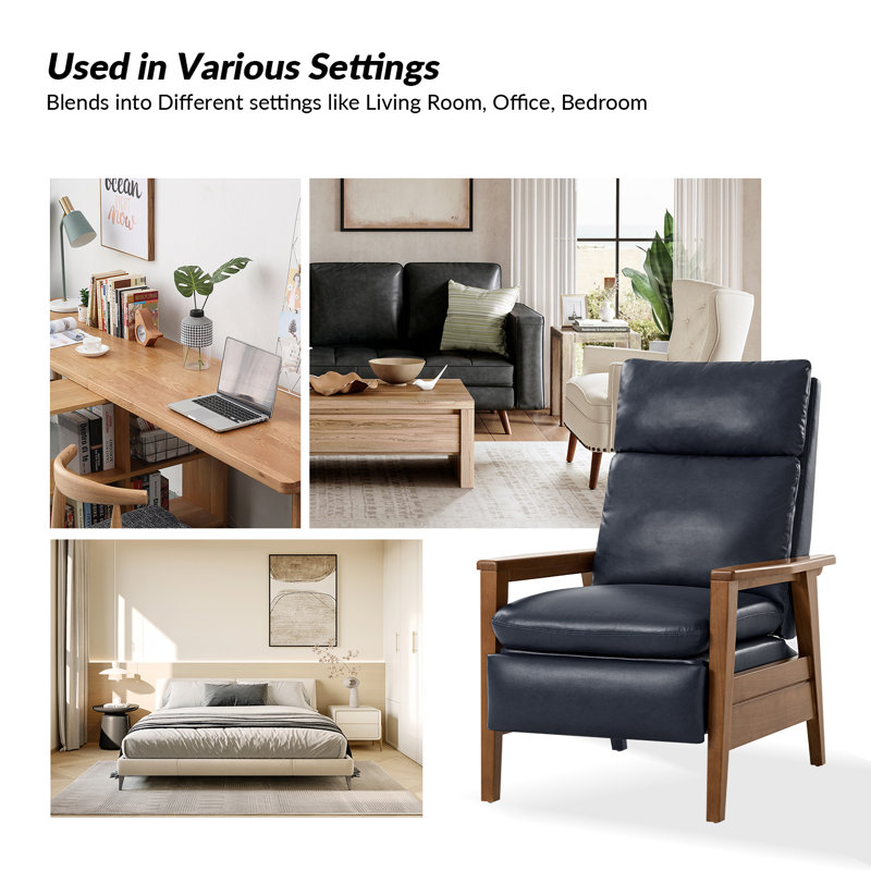 Fauteuil inclinable honorano en cuir végétalien Mid-Century moderne avec structure en bois massif, Similicuir bleu marine