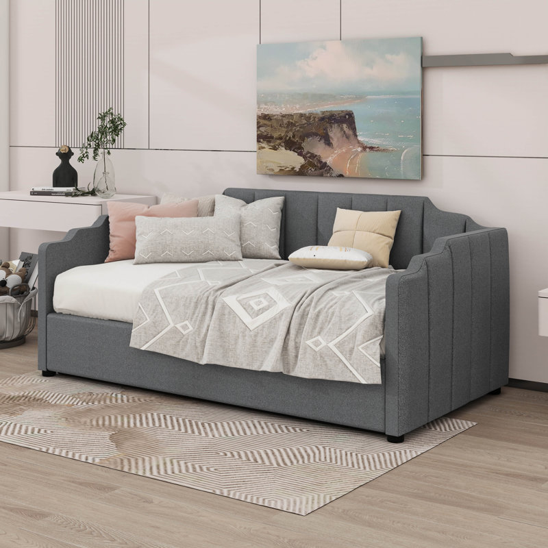 Lit de jour rembourré avec rangement inférieur, Gris, Lit simple