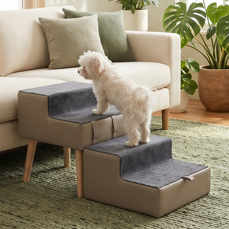 H 15,6 po H 2 en 1 pliable en bois pour chien avec escalier et repose-pieds antidérapant pour canapé, lit et véhicule - Gris clair