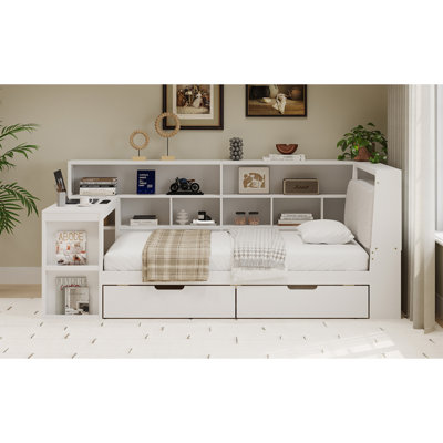 Lit de jour en bois pleine grandeur en forme de L avec bureau et bibliothèque de rangement, lit d'angle avec tête de lit tapissier et tiroirs sous le lit et éclairage à DEL pour le salon de la chambre à coucher, blanc