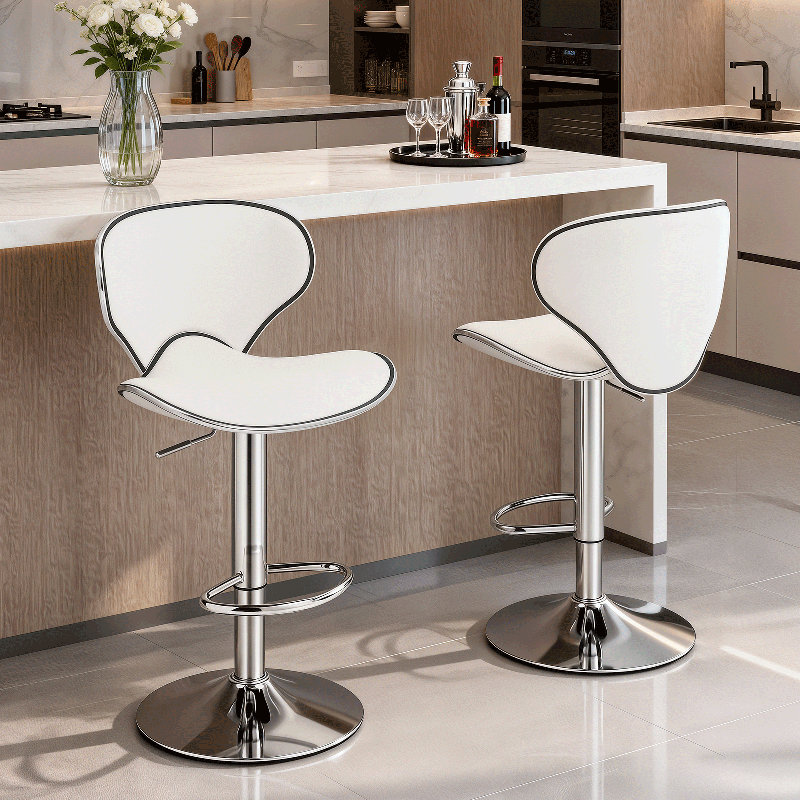 Tabourets de bar pivotants réglables à 360 °, chaises à hauteur de comptoir avec repose-pieds et dossiers, Chrome, Blanc