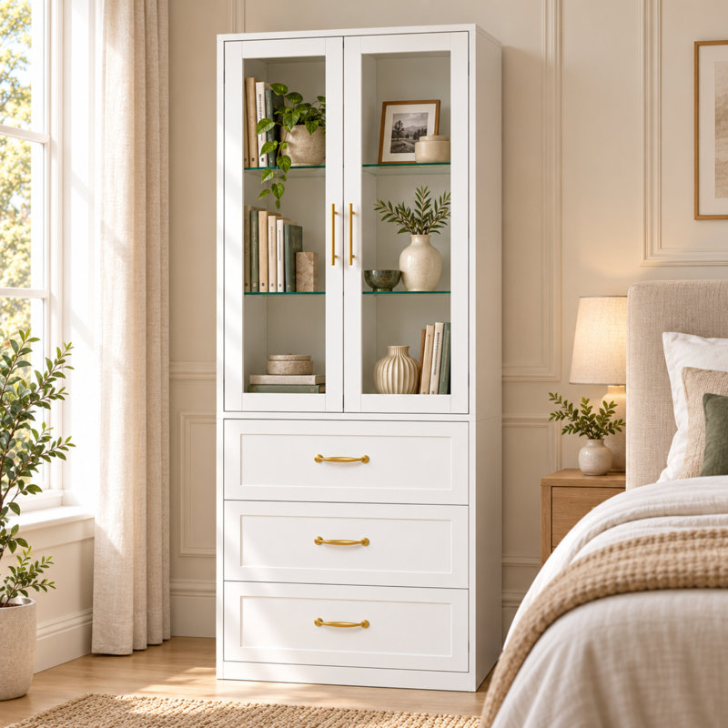 White 2-Piece Storage Set with Wall-Mounted Glass Display Cabinet & 3-Drawer Chest