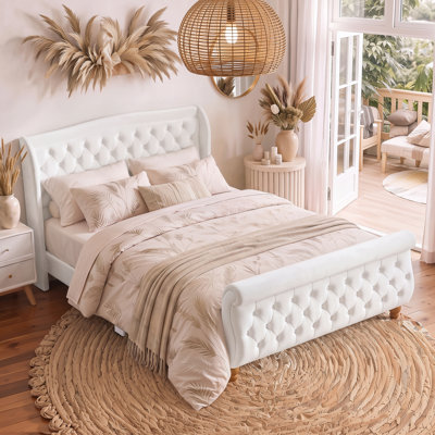 Verona Queen Velvet Sleigh Platform Bed with Button-Tufted Wingback Headboard