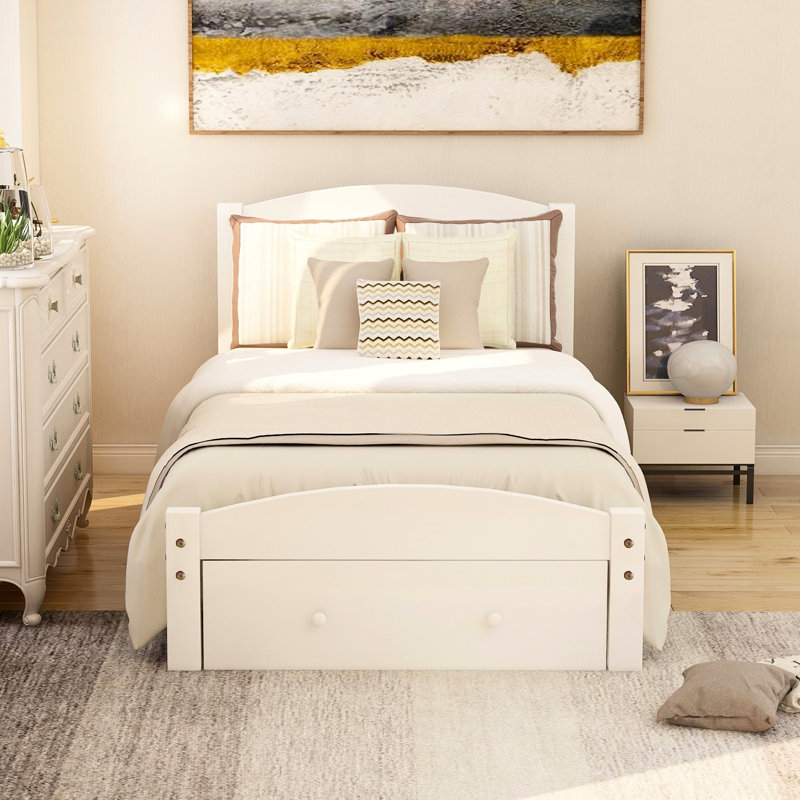Lit simple blanc avec support en lattes de bois stables et rangement pratique, sans sommier avec support de tiroir robuste