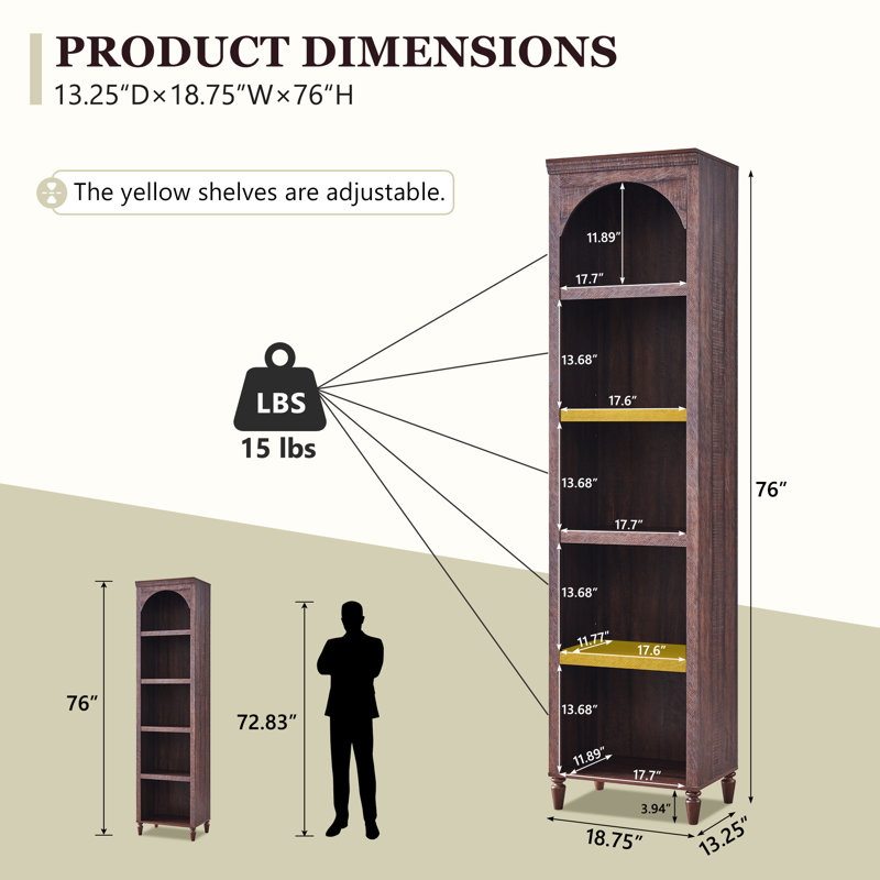 Ahart 76" Tall Arched Bathroom Storage Cabinet,5-Tier Narrow Arched Bathroom Cabinet with Adjustable Shelves,Featuring Storage & Open Shelves