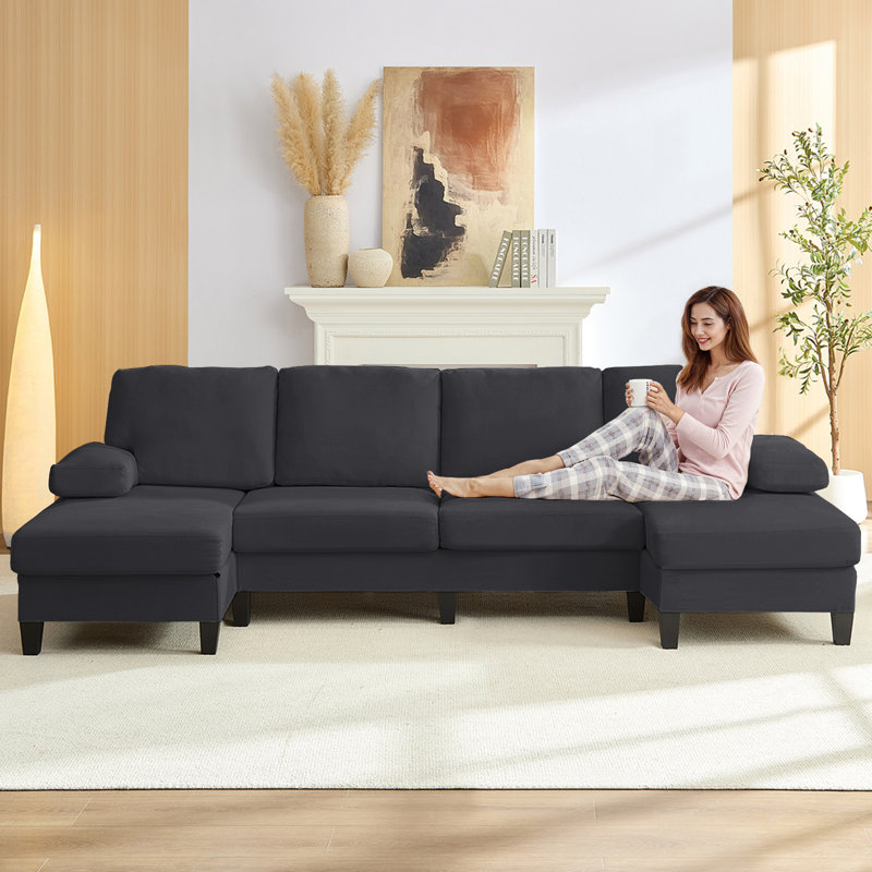 110" Corduroy Sectional Sofa with 2 Ottomans – High-Resilience Foam, Wood Legs, 4-Seat Design, Dark Gray