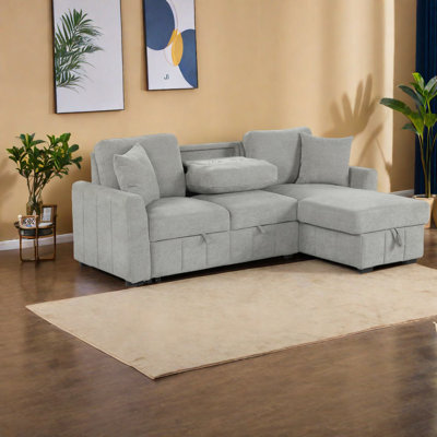 Modern L-shaped Sleeper Sofa With Storage, Acacia Wood Frame, Ideal For Home