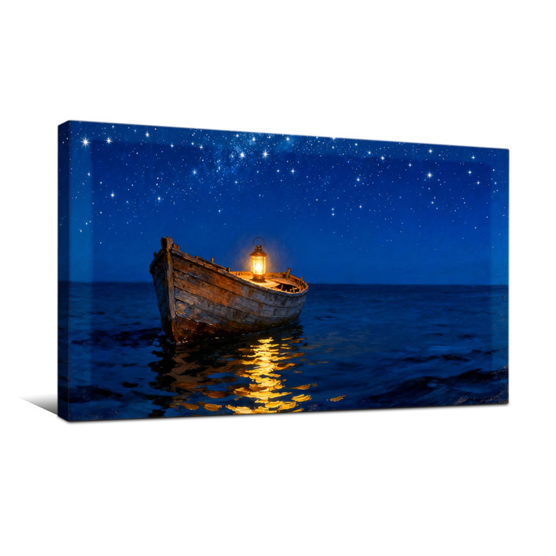 Nautique et plage, nuit étoilée, bateau avec lanterne, réflexion de l'eau, H 20 po x l 40 po