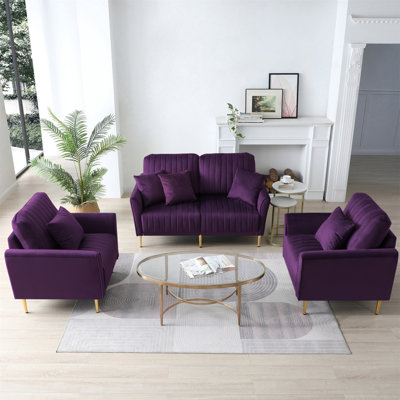 Mid Century Modern Sectional Sofa Set, Couch Sets For Living Room 3 Pieces, 2 Piece Fabric Arm Chair And 1 Piece Loveseat Set For Living Room, Purple Velvet