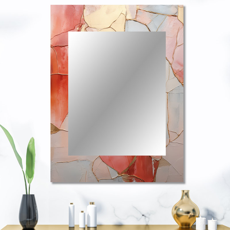 Coral Gold Minimalism Poteries - Abstract Spirals Wall Mirror, Modern Decorative Mirror, Printed Metal Art, 40" x 30"