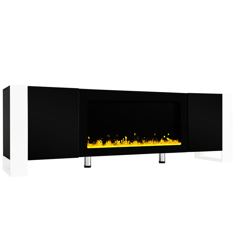 Meuble télé noir avec foyer électronique de 87 cm (34,2 pouces), 2 grandes armoires de rangement, design simple et sécurisé, foyer intégré, placards spacieux pour appareils multimédias, facile à intégrer.