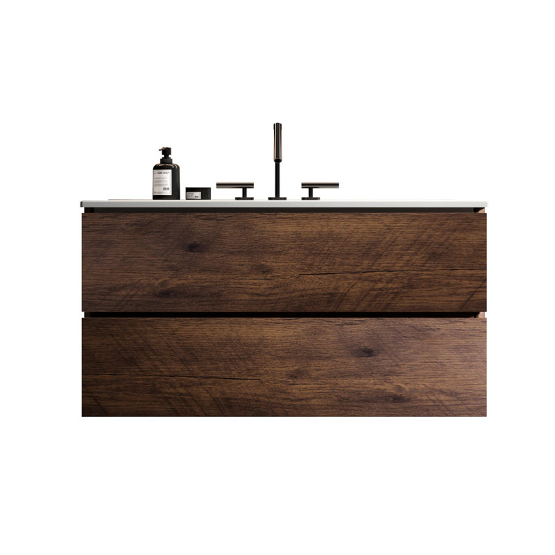 Meuble-lavabo mural 36 po - blanc + noyer, design élégant, tiroirs silencieux, meuble-lavabo moderne avec rangement abondant, support, espace considérable, trois trous de robinet,