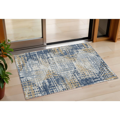 3' X 5' Navy Blue And Beige Geometric Washable Indoor Outdoor Area Rug
