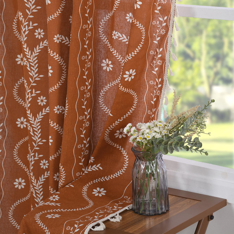 Boho Terracotta Curtains For Living Room 63 Inches Long Semi Sheer Linen Floral Curtains Vintage Farmhouse Window Curtains 2 Panel Sets