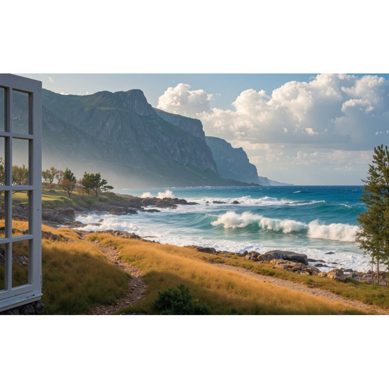 Golden Coastline Path – Seaside Window Canvas, H 24 po x l 36 po