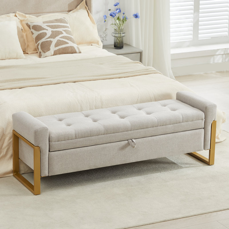57'' Wide Tufted Rectangle Storage Ottoman, Beige Linen