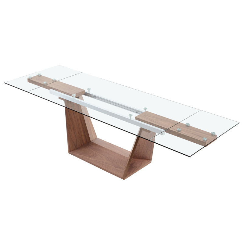 Extendable Glass Top Walnut Veneer Dining Table for Ten