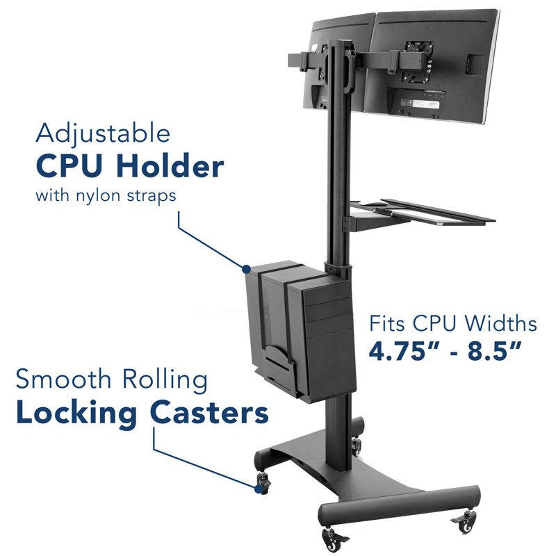 Adjustable Black Steel Mobile Dual Monitor Computer Cart