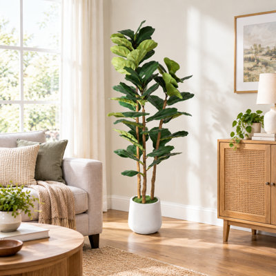 5.2 ft Real Touch Artificial Fiddle Leaf Fig Tree with White Planter, Lifelike Faux Plant for Home Office & Living Room Décor, 1 Piece Set