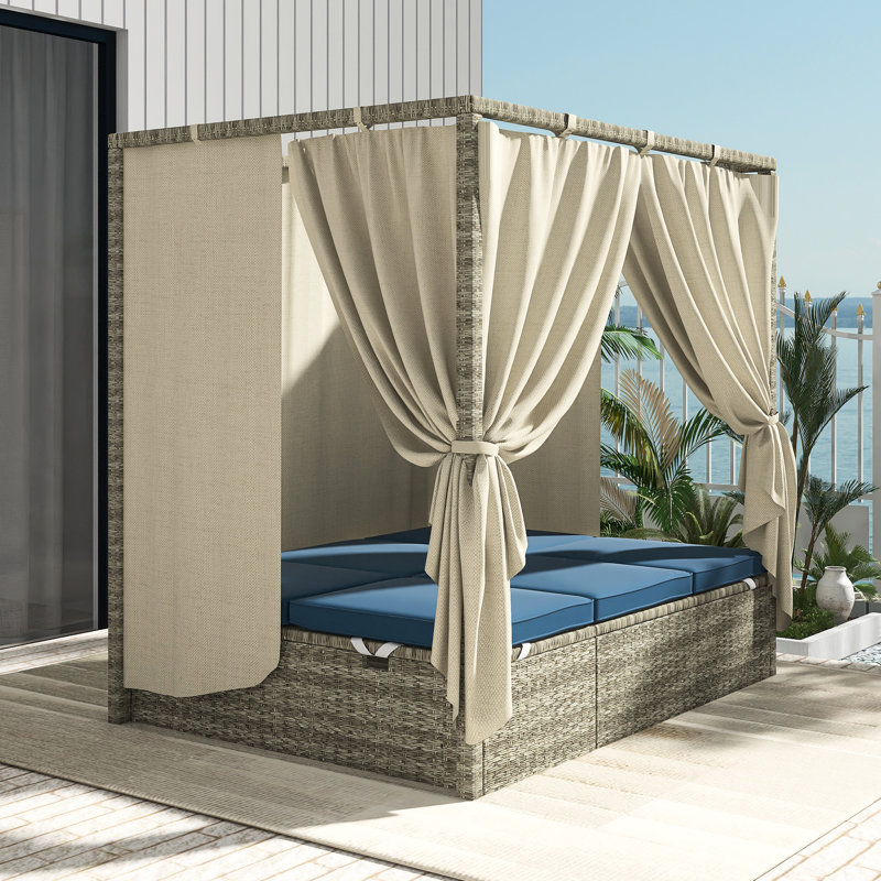 Lit de soleil réglable avec rideau en bleu foncé, coussin en polyester avec support, dossier à 5 positions librement réglable
