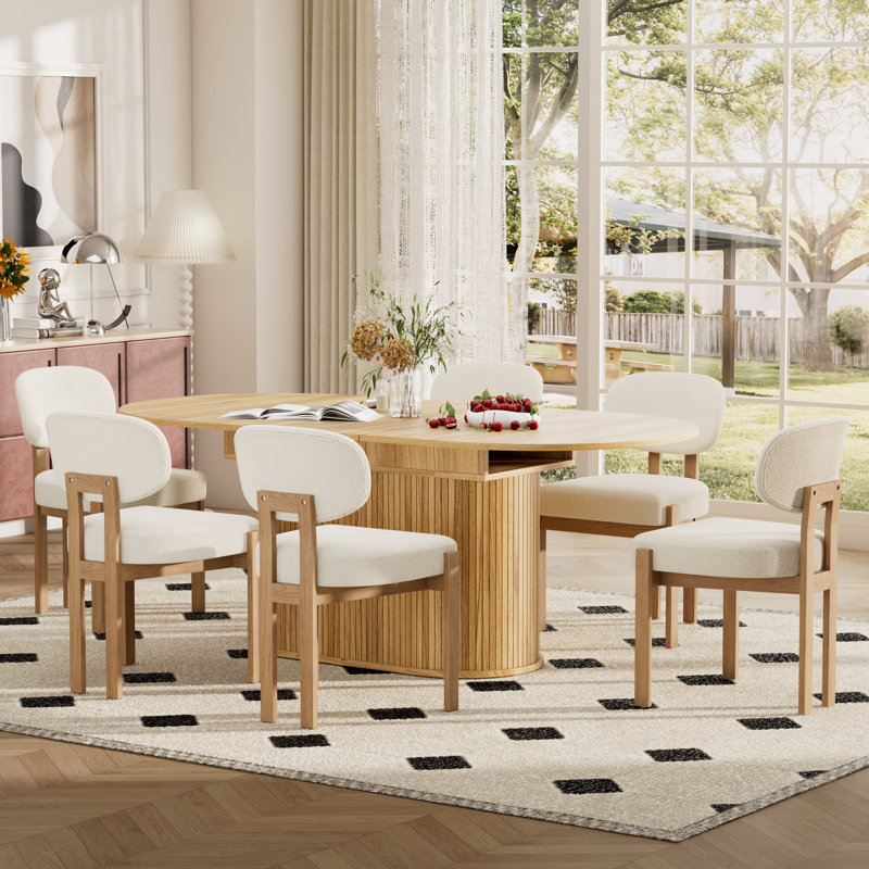 Modern 55.11"-70.86" MDF Extendable Dining Table Set For 4-6 With Chenille Upholstered Chairs, Space Saving Expandable Kitchen & Dining Room Furniture Set, Stylish Comfortable Dinner Table Set