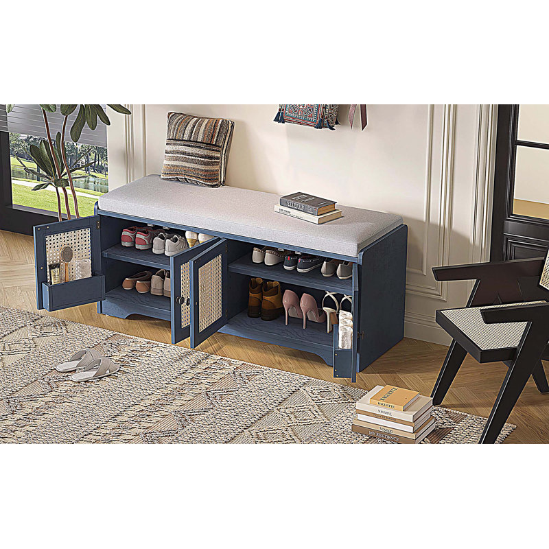 Banc de rangement rustique multifonctionnel pour chaussures avec coussin amovible, Antique Navy,Beige