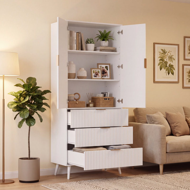 Tall fluted‑door storage cabinet with 3 drawers, adjustable shelves and tapered legs, freestanding wooden accent cabinet for living room, bedroom, entryway