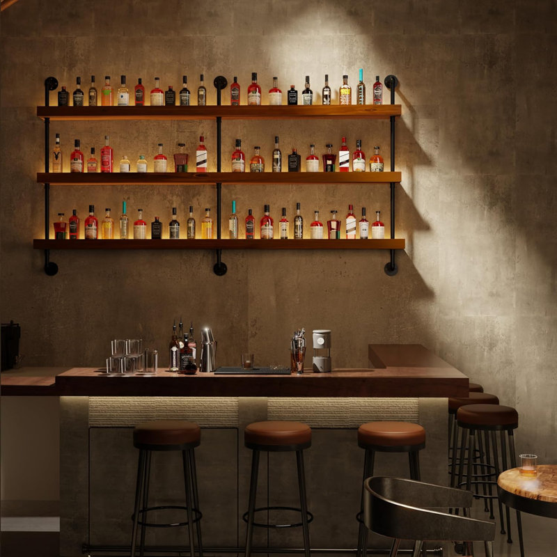 Support à vin mural avec lumière DEL, étagère à vin industrielle à DEL, porte-bouteilles suspendu à 3 niveaux, tablette de rangement de bar pour bouteilles (brun noyer, 60 po)