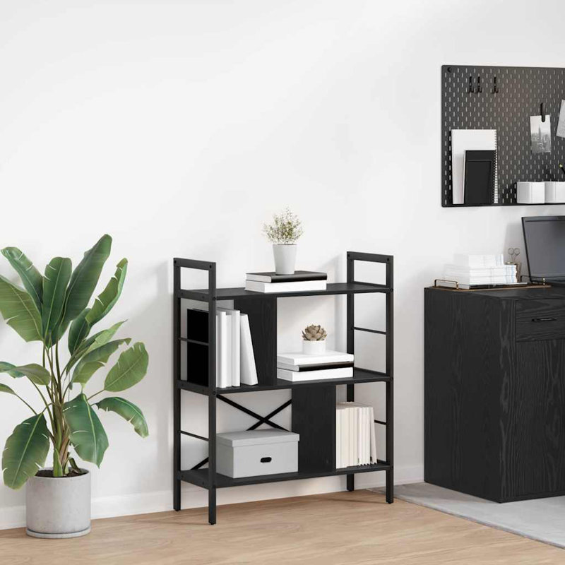75 cm W Steel Etagere Bookcase, (3 Shelves) 91cm. H x 75cm. W x 30cm. D, Black Oak