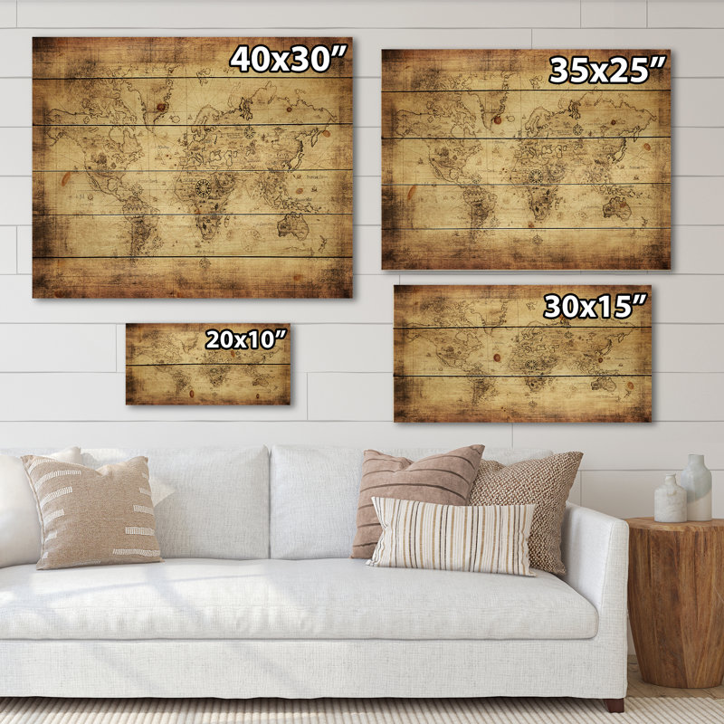 Ancienne carte du monde IV - reproduction rétro sur bois de pin naturel, H 10 po x l 20 po x P 0,78 po