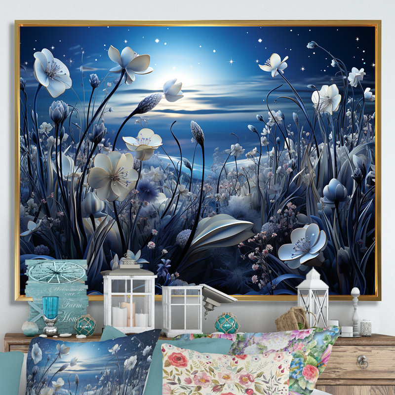 Moon Cosmic Floral Couture Meadows - Fleurs, art mural, Cadre flottant doré, L 30 po x H 40 po x P 1,5 po